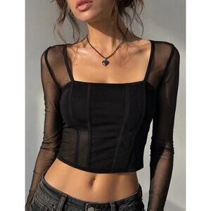 Jolie & Joy Sz M LS Mesh Corset seams cropped top Gothic Whimsygoth Versatile